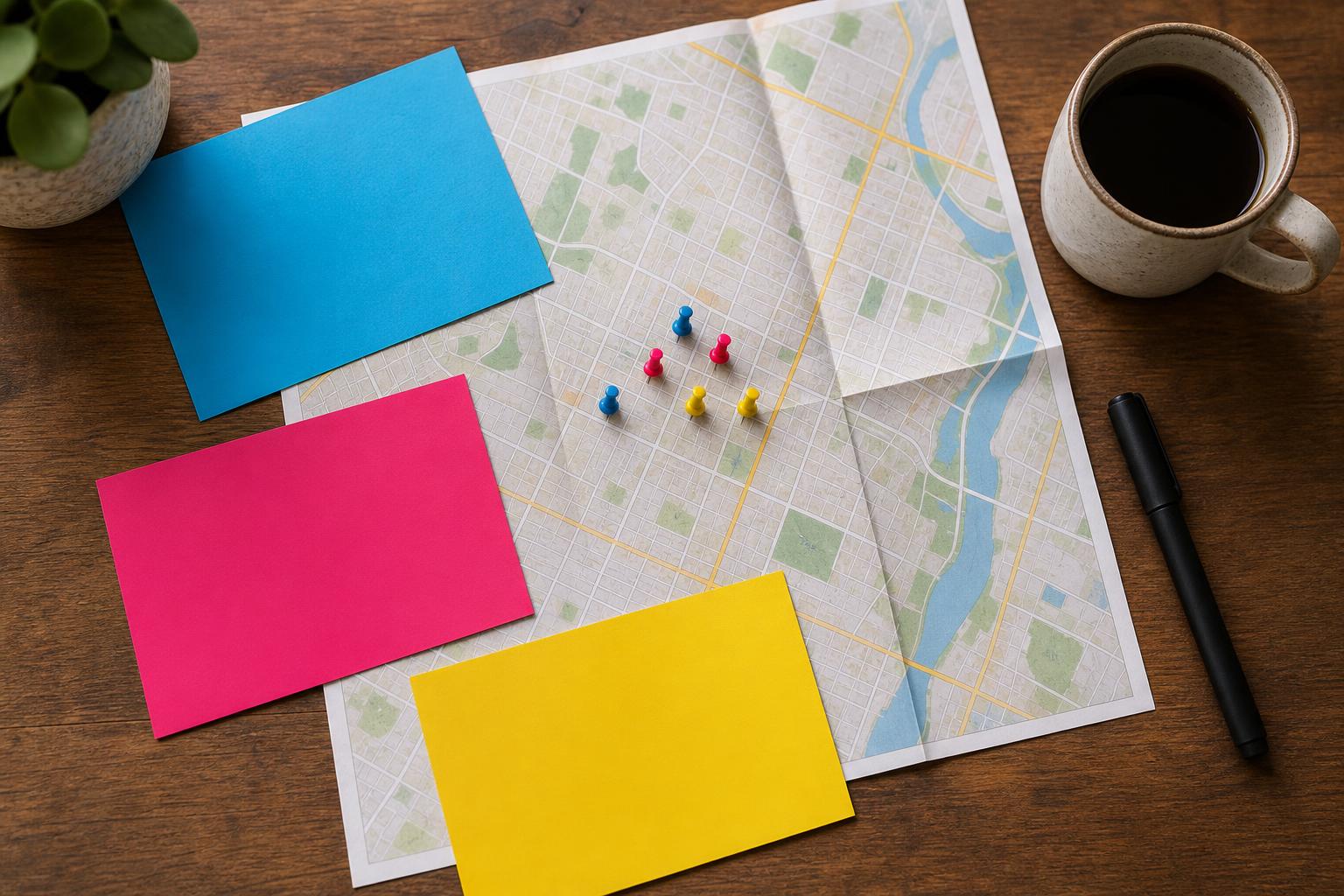 Neighborhood map with target ZIP pushpins surrounded by vibrant CMYK direct mail postcards