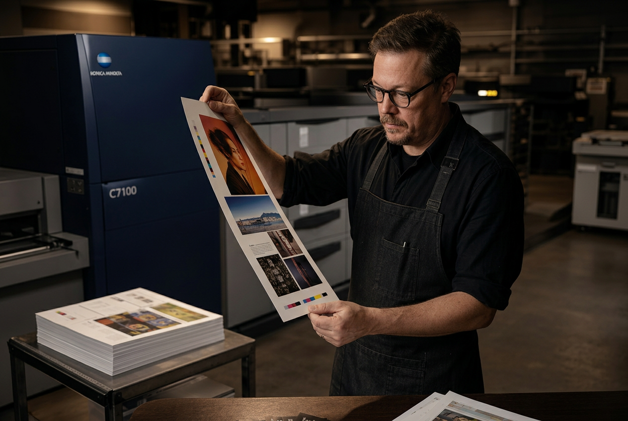 A printer inspecting a freshly printed proof sheet next to a Konica Minolta C7100 production press