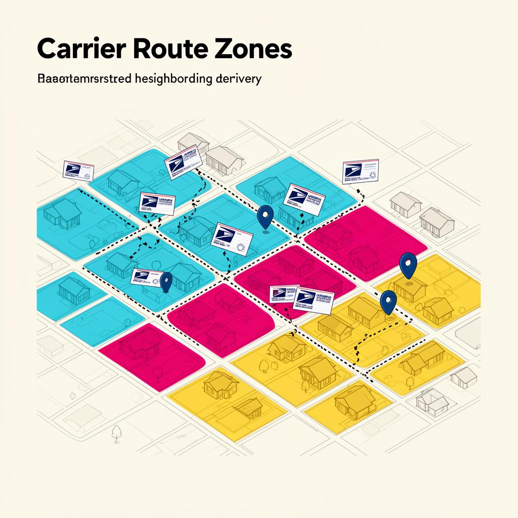 Illustrated neighborhood map with USPS carrier route zones in cyan, magenta, and yellow