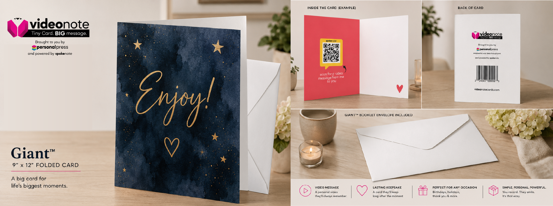 VideoNotes Giant 9x12 folded card product sheet showing the Enjoy! cover with envelope, inside QR panel, universal back, and Giant booklet envelope with feature callouts