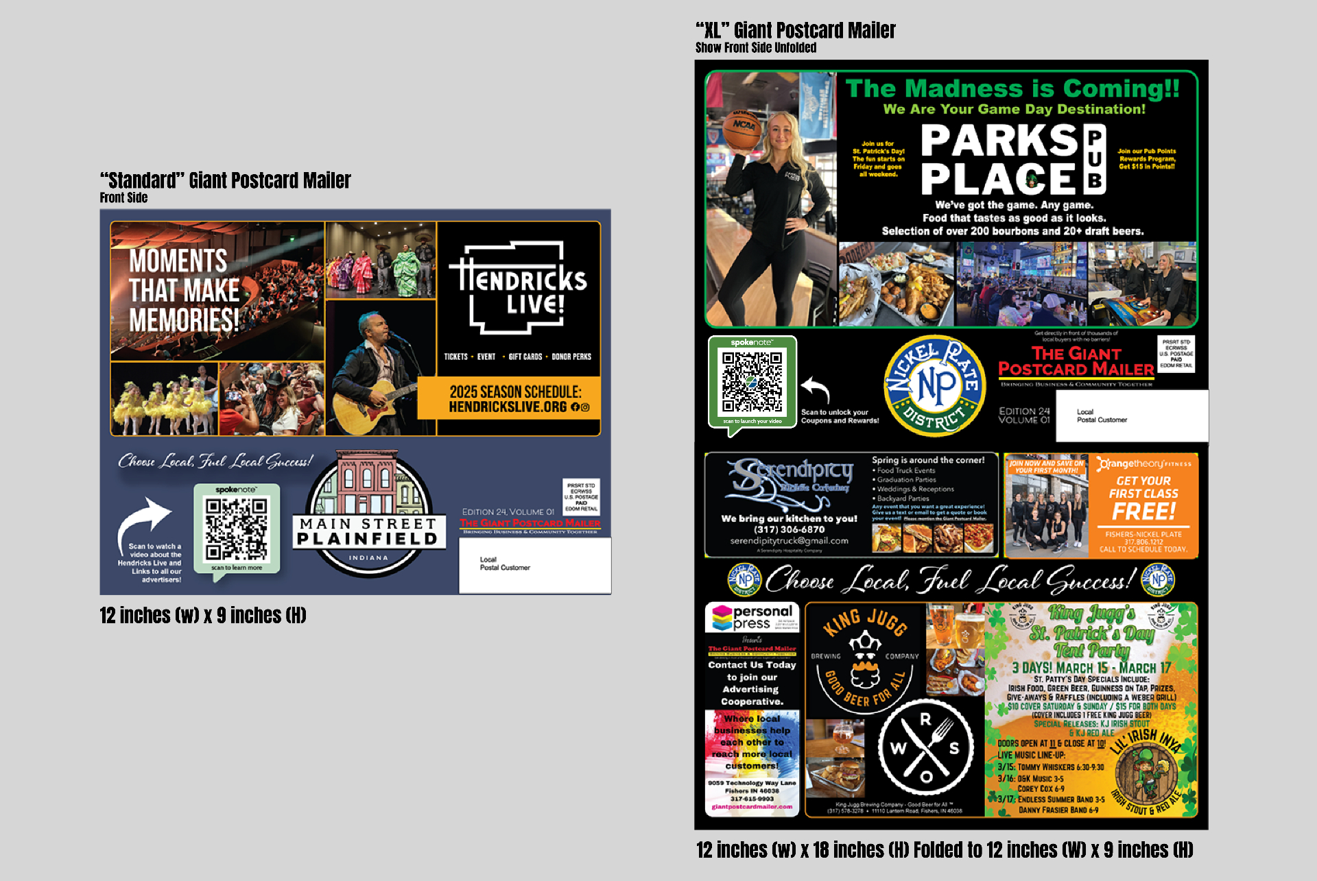 Standard 12x9 and XL 12x18 folded Giant Postcard Mailer format comparison