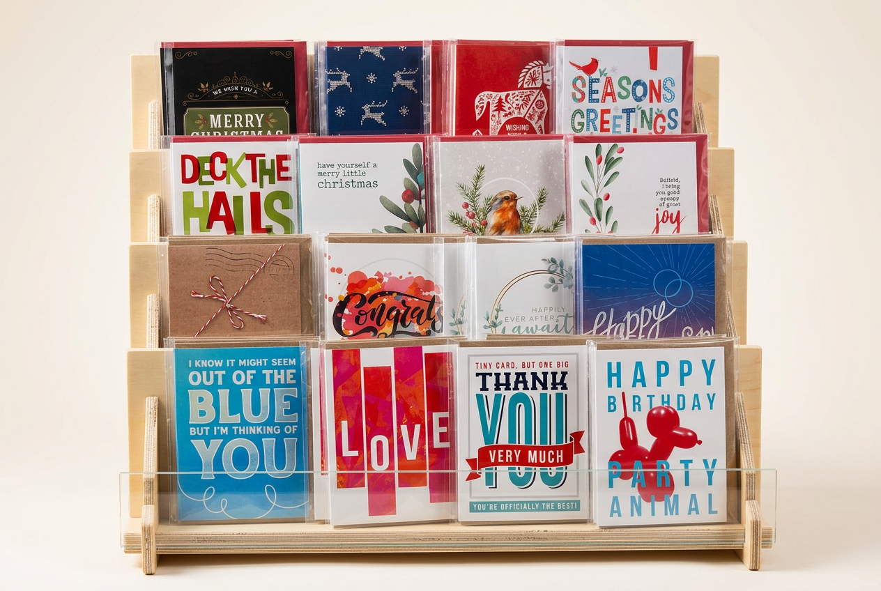 Wooden tiered display rack filled with colorful VideoNote greeting cards across holiday, congrats, love, thank you, and birthday categories