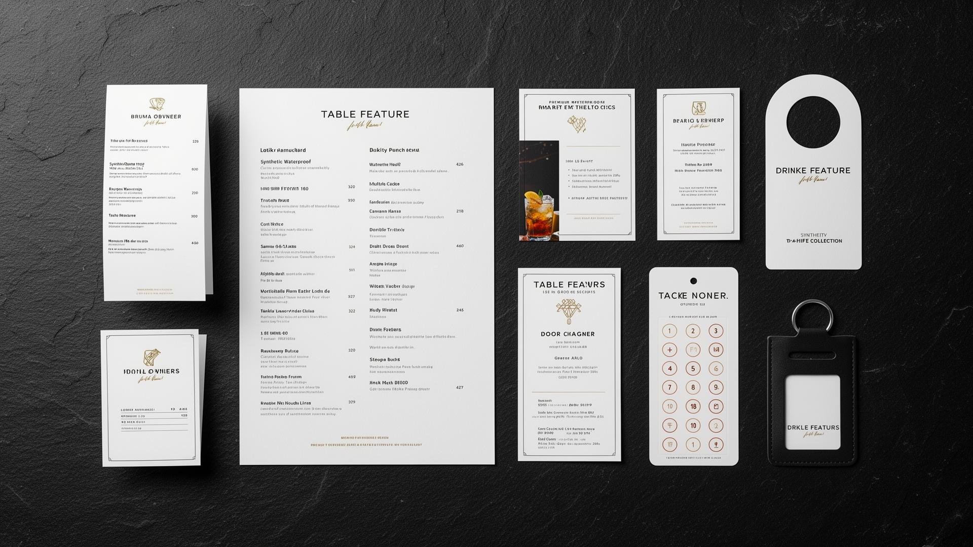 Flat lay of hospitality printed materials