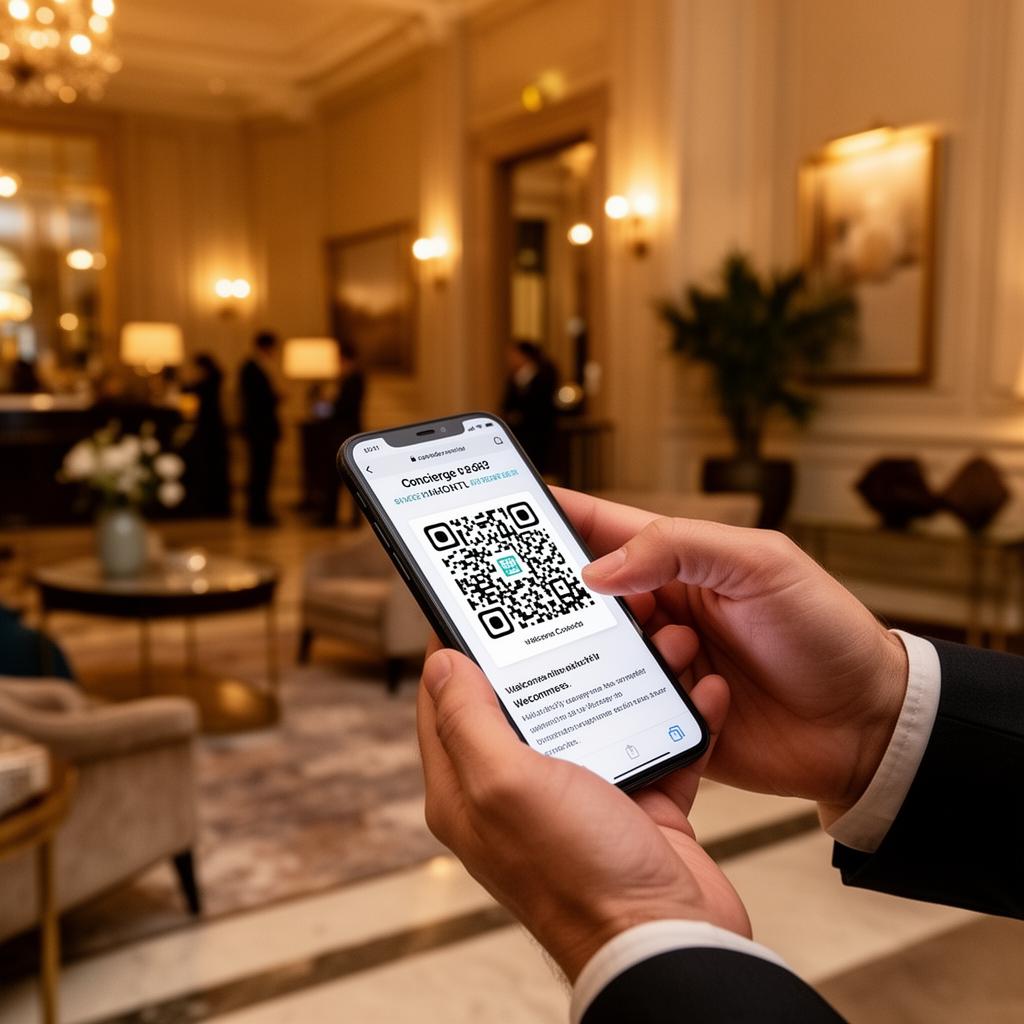 Hotel guest scanning a concierge QR card